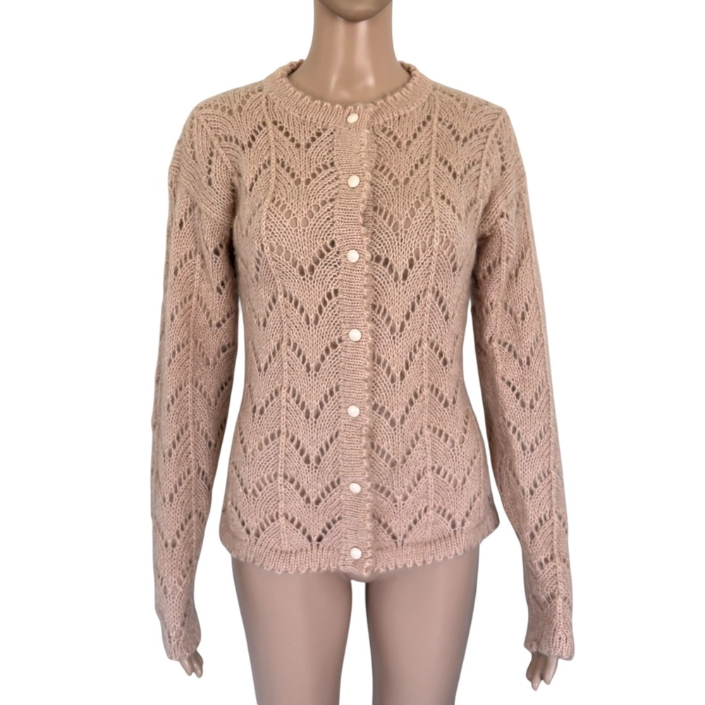 JG Hook Vintage Mohair Blend Pointelle Chevron Knit Cardigan Sweater Tan Pink S
